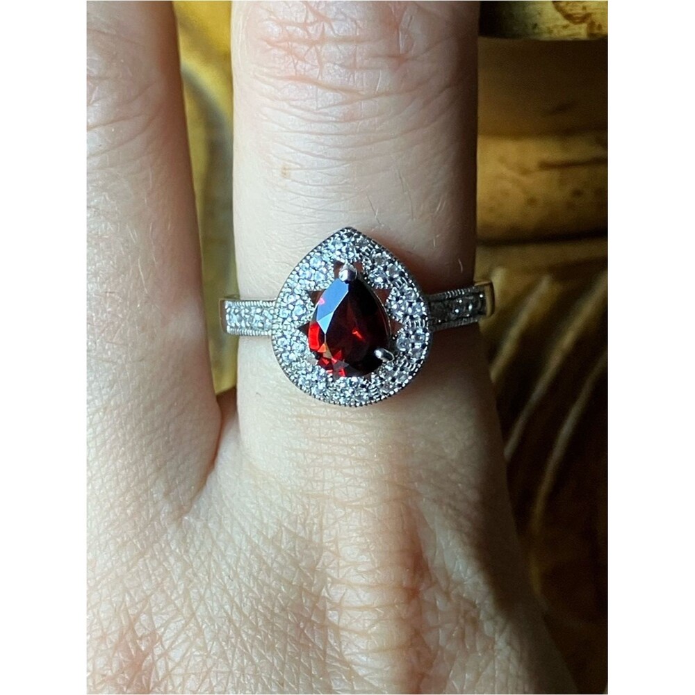 Natural Red Garnet Sterling Silver Ring Size 9